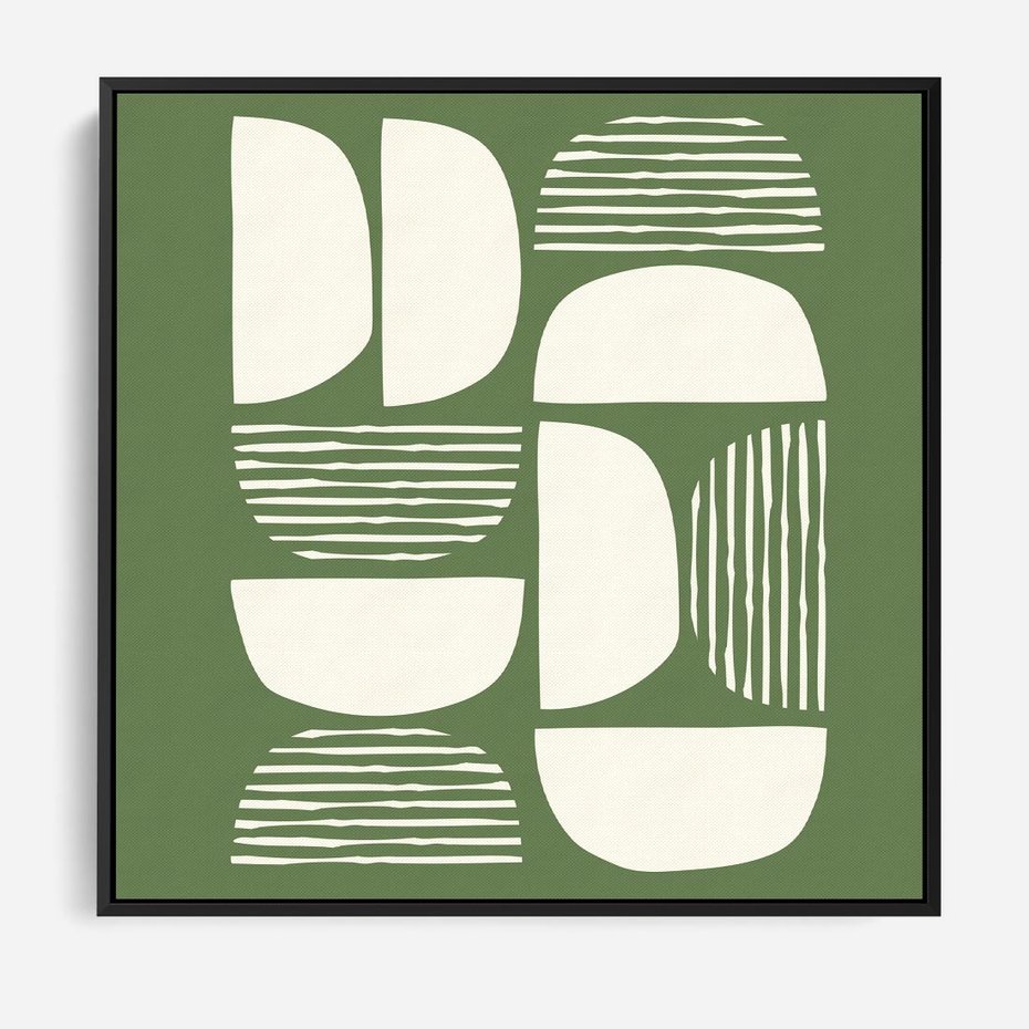 Obraz w ramie 50x50 - Migotliwe Formy - geometryczne boho kształty na brązowym, oliwkowym tle - rama czarna