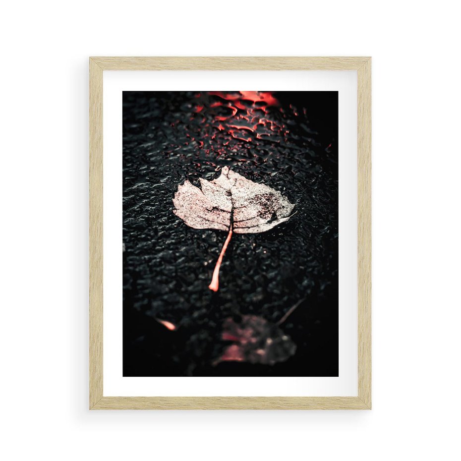 Plakat w ramie 40x50 - Jesień w Detalu: Liść na Mokrej Drodze - liść, jesień - rama drewno