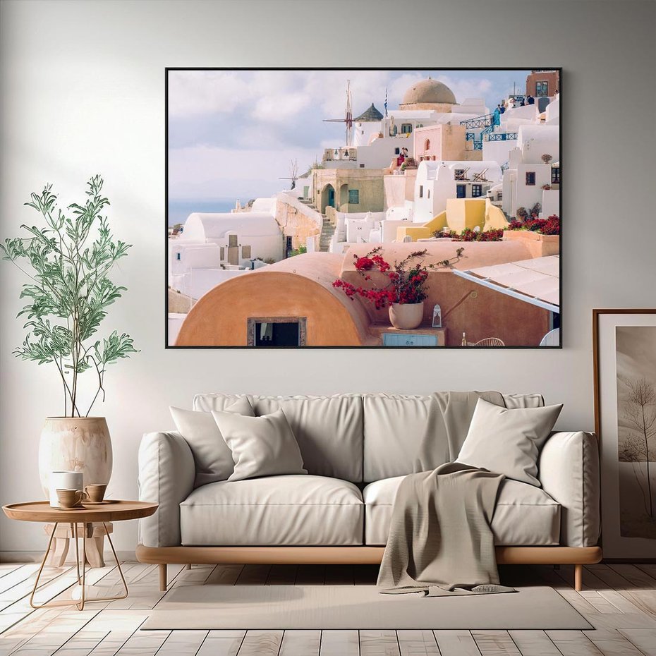 Obraz w ramie 100x70 - Błękit Morza i Białe Domki - Santorini, wyspa - rama czarna