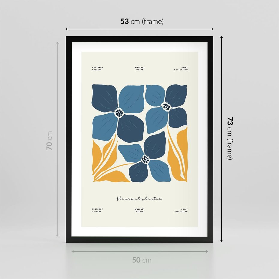 Plakat w ramie 50x70 - Błękitne Nowości - niebieskie kwiaty, nowoczesna sztuka - rama czarna