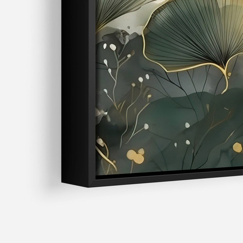 Obraz w ramie 50x70 - Natura w Złotym Odcieniu - złote elementy, liście miłorzębu japońskiego - rama czarna