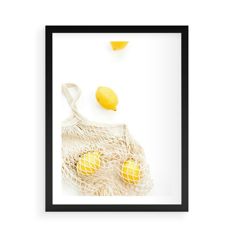 Plakat w ramie 50x70 - Cytrynowa Siatka - cytryny, materiałowa siatka - rama czarna