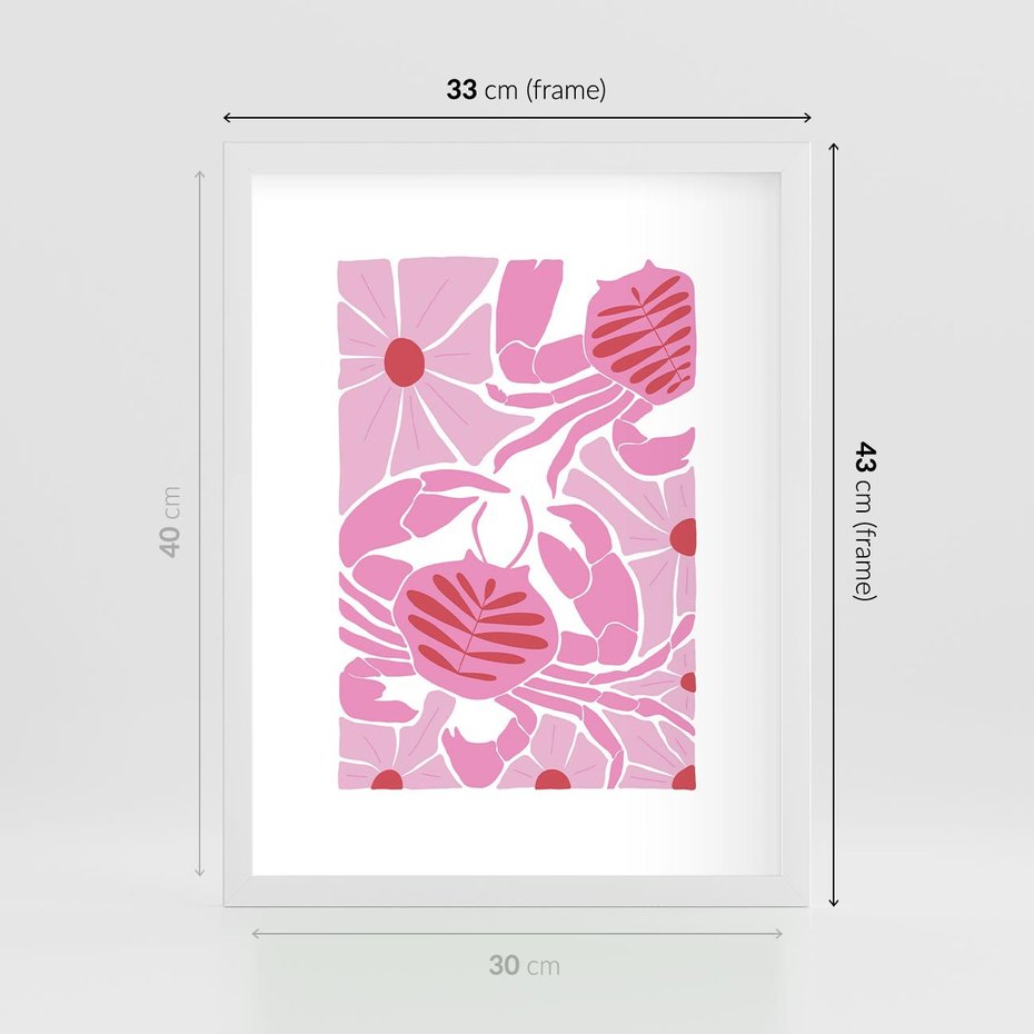 Plakat w ramie 30x40 - Roztańczone Kraby - różowe kwiaty i kraby, abstrakcyjna kompozycja - rama biała