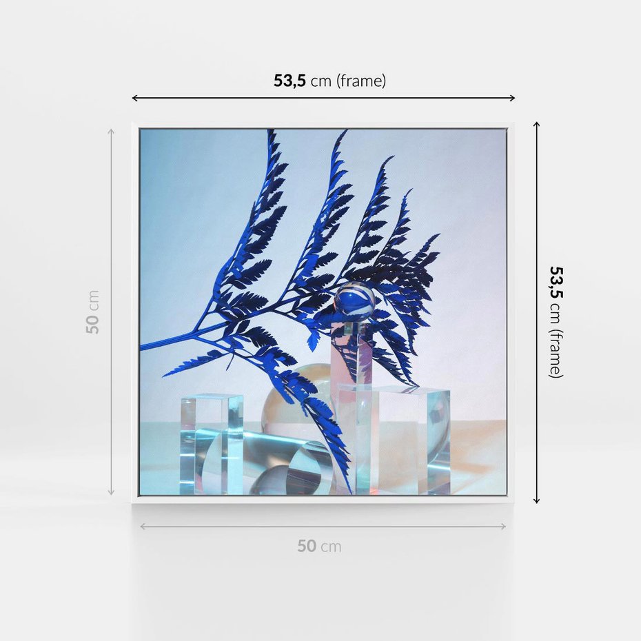 Obraz w ramie 50x50 - Intensywny Kolor Natury - liście, kobalt - rama biała