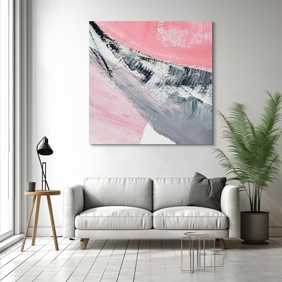 Obraz na płótnie 40x40 - Kontrastujący Ruch Emocji - abstrakcyjne pasy farby, kolory róż szary czarny