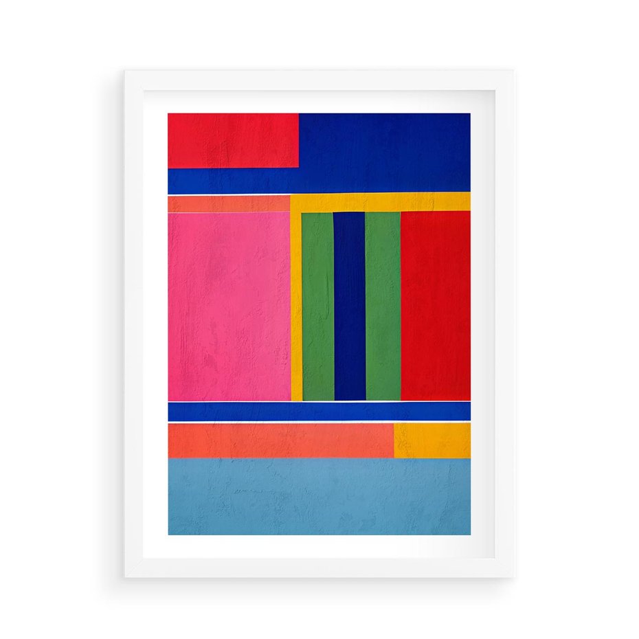 Plakat w ramie 50x70 - Wnętrza Rozplątanych Barw - abstrakcyjny geometryczny obraz olejny, kolorowe pasy - rama biała
