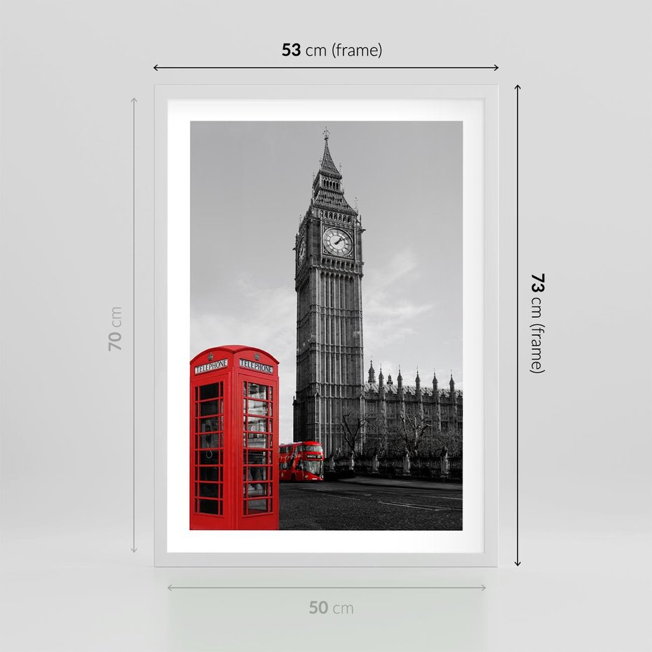 Plakat w ramie 50x70 - Budka telefoniczna przed Big Benem - budka, Londyn - rama biała