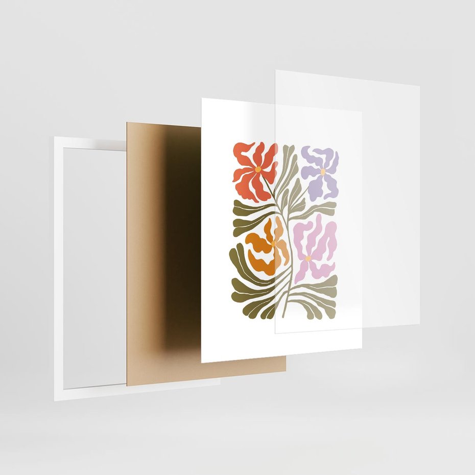 Plakat w ramie 40x50 - Rozplątane Wizje - abstrakcyjne kolorowe kwiaty, minimlizm - rama biała