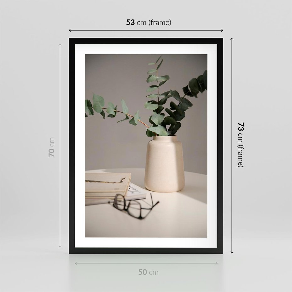 Plakat w ramie 50x70 - Eukaliptusowe liście w okularach - liście, eukaliptus - rama czarna