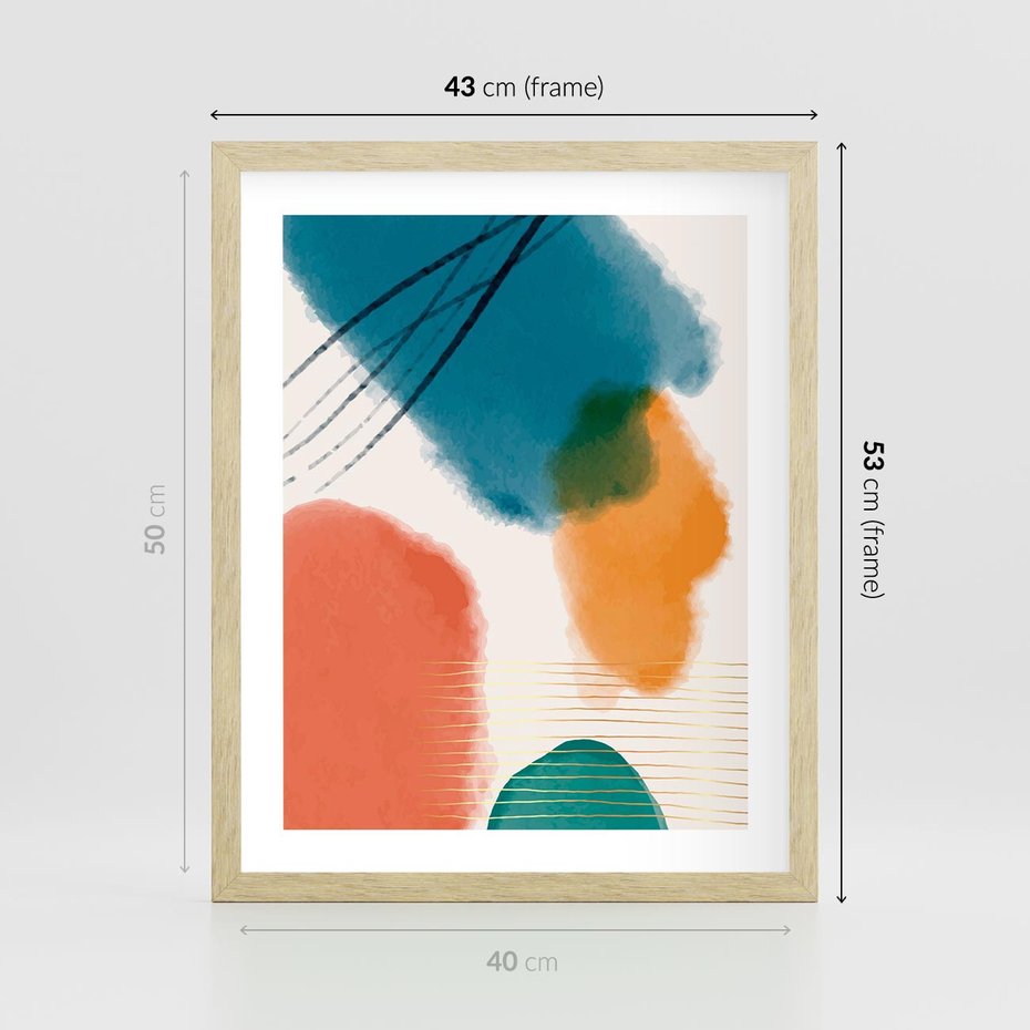 Plakat w ramie 40x50 - Migotliwe Pochwycenia - abstrakcyjne kolorowe plamy, akwarela - rama drewno