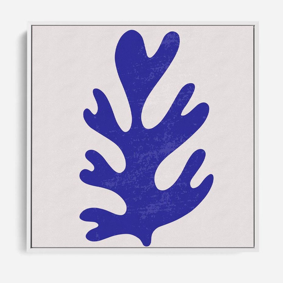 Obraz w ramie 80x80 - Przenikająca Struktura - boho plakat, niebieski liść w intensywnym kolorze - rama biała