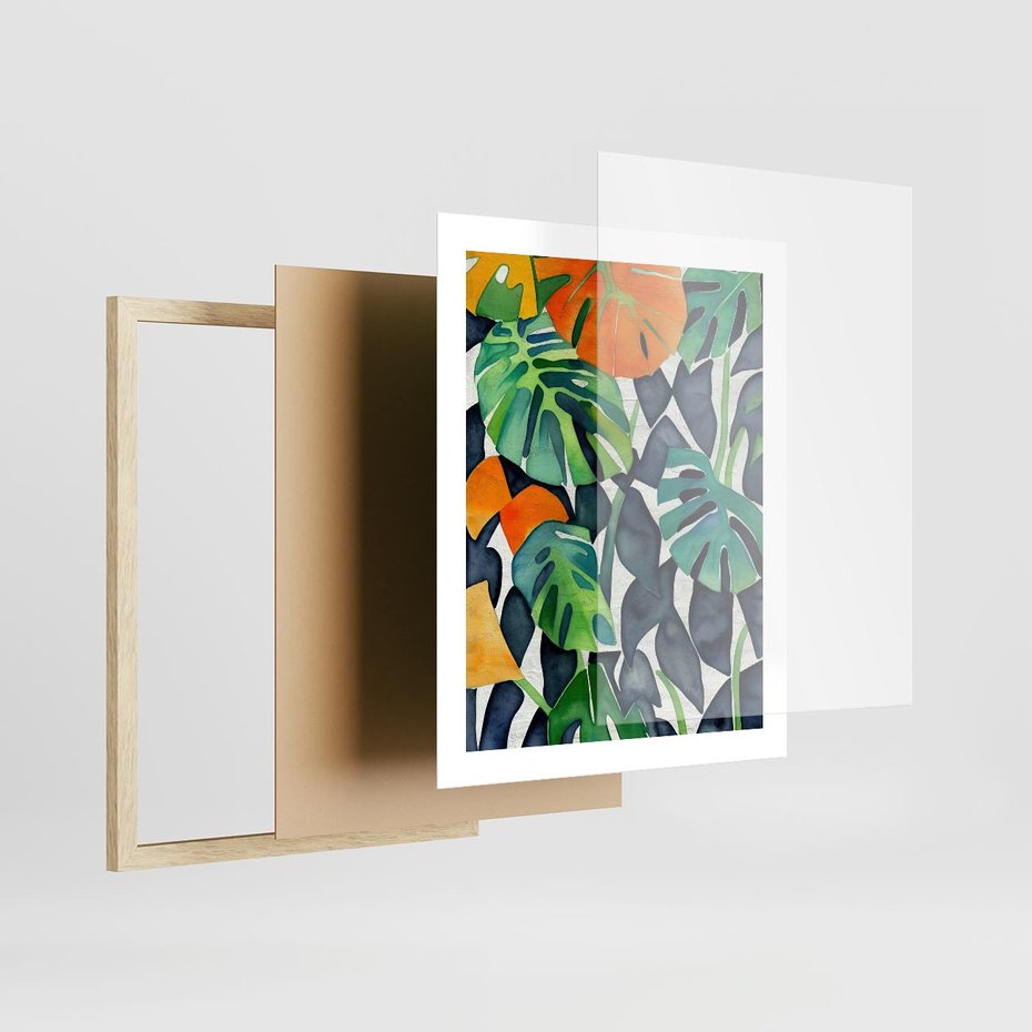 Plakat w ramie 40x50 - Tropikalne Pragnienia - akwarela, liście tropikalne - rama drewno