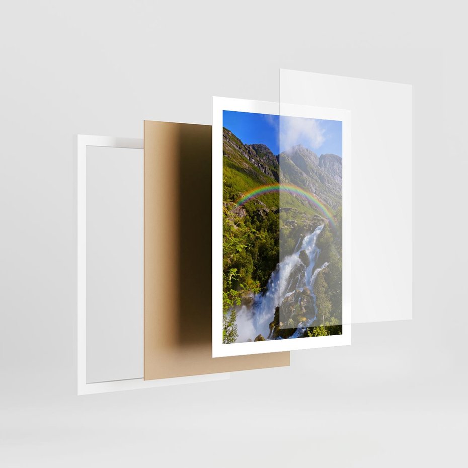 Plakat w ramie 50x70 - Tęczowe góry - harmonia kolorów - tęcza, góry - rama biała