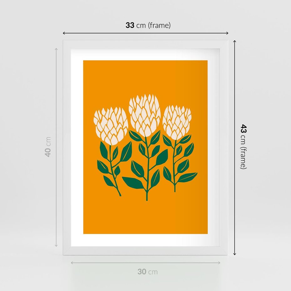 Plakat w ramie 30x40 - Kolorowe Impresje - abstrakcyjna kwiatowa kompozycja, żółte mocne tło - rama biała