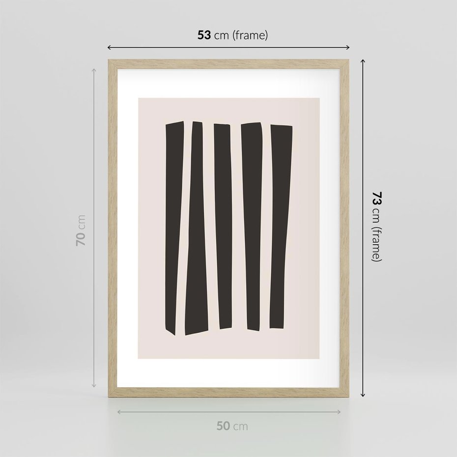 Plakat w ramie 50x70 - Migotliwa Transformacja Form - minimalizm, czarne pasy - rama drewno