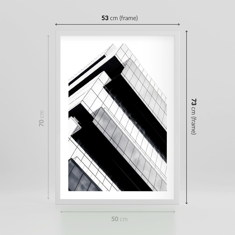 Plakat w ramie 50x70 - Nowoczesna Surowość: Wieżowiec na Czarno-Białej Grafice - architektura, wieżowiec - rama biała