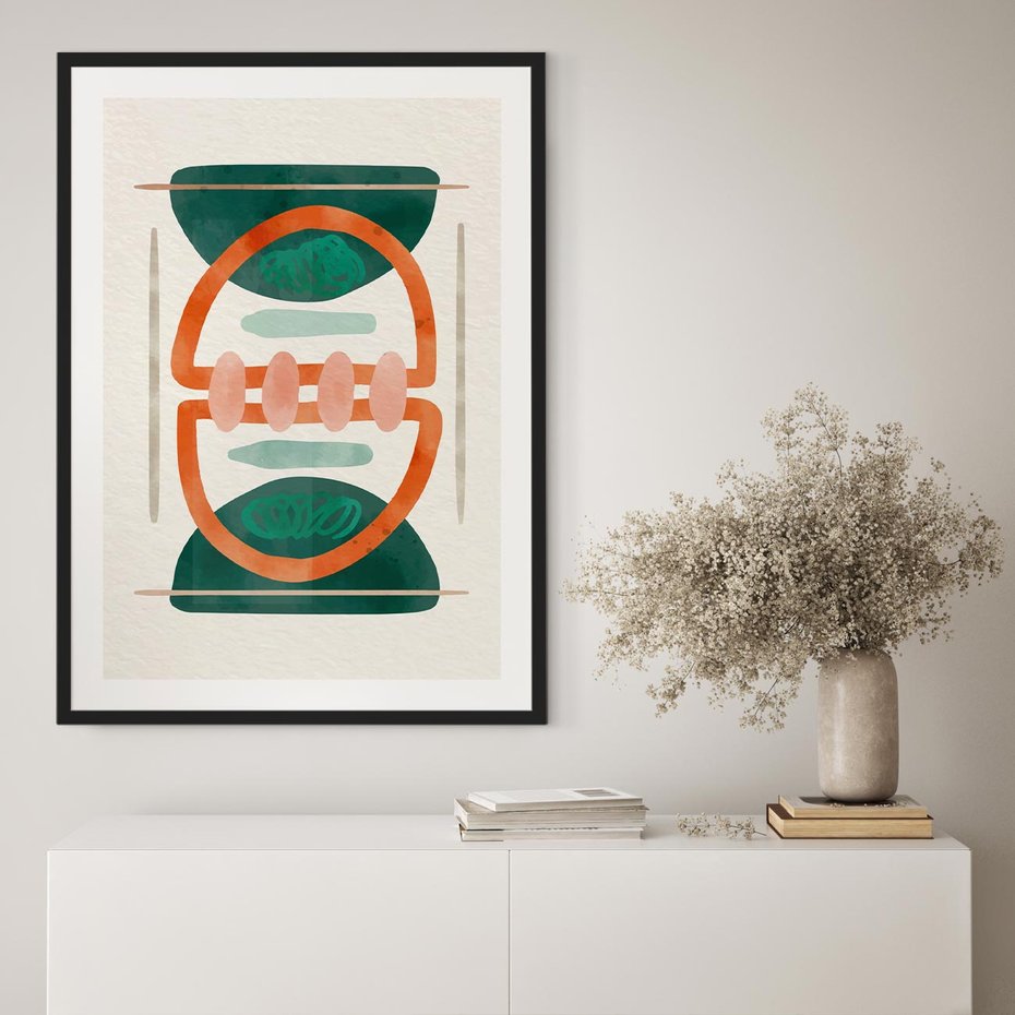 Plakat bez ramy 40x50 - Oryginalny obraz abstrakcyjny w nowoczesnym stylu. Geometryczne akwarelowe kształty w intensywnych odcieniach zieleni i pomarańczu. Doskonała dekoracja dla miłośników sztuki. - abstrakcyjny obraz, sztuka nowoczesna