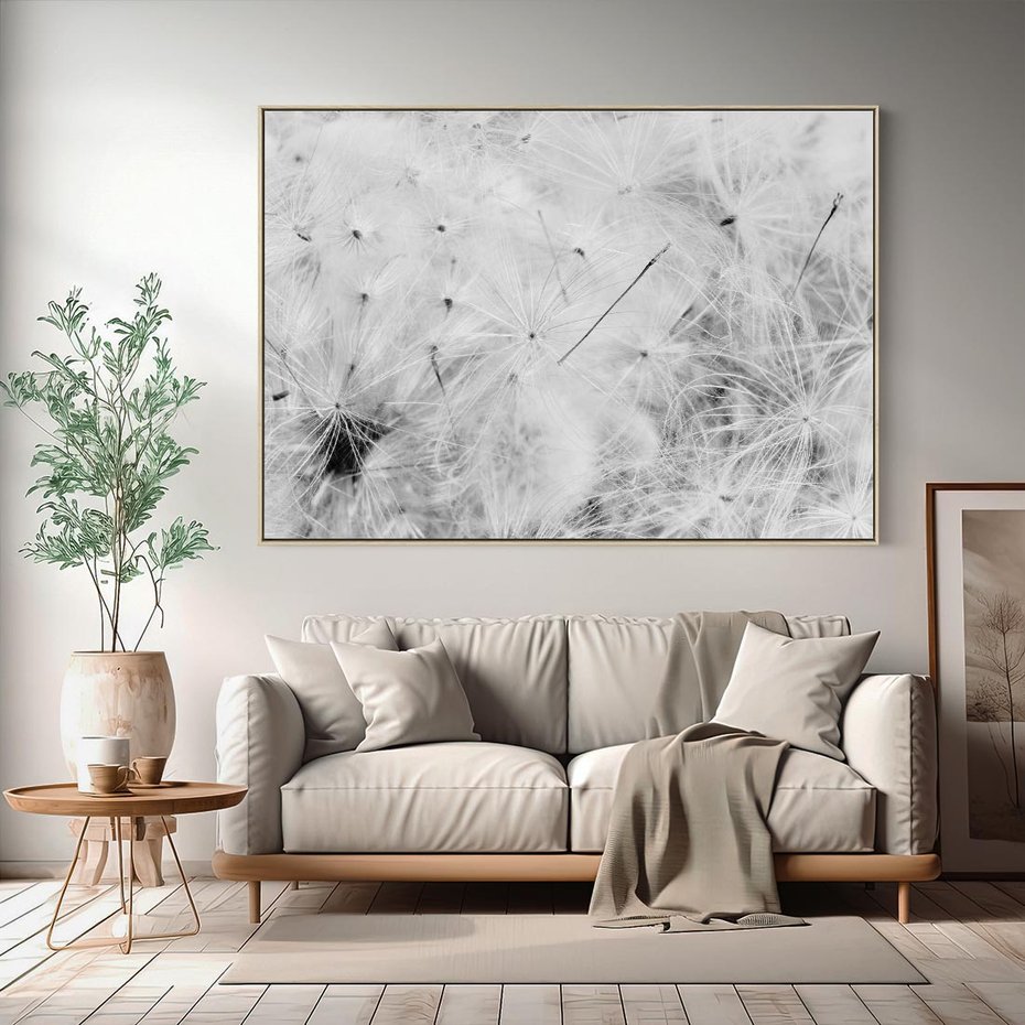 Obraz w ramie 100x70 - Zdmuchnięty Puch - dmuchawce, delikatne - rama drewno