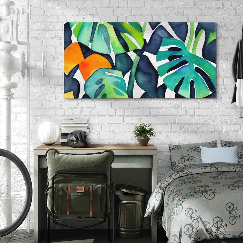 Obraz na płótnie 140x70 - Tropikalne Pragnienia - akwarela, liście tropikalne