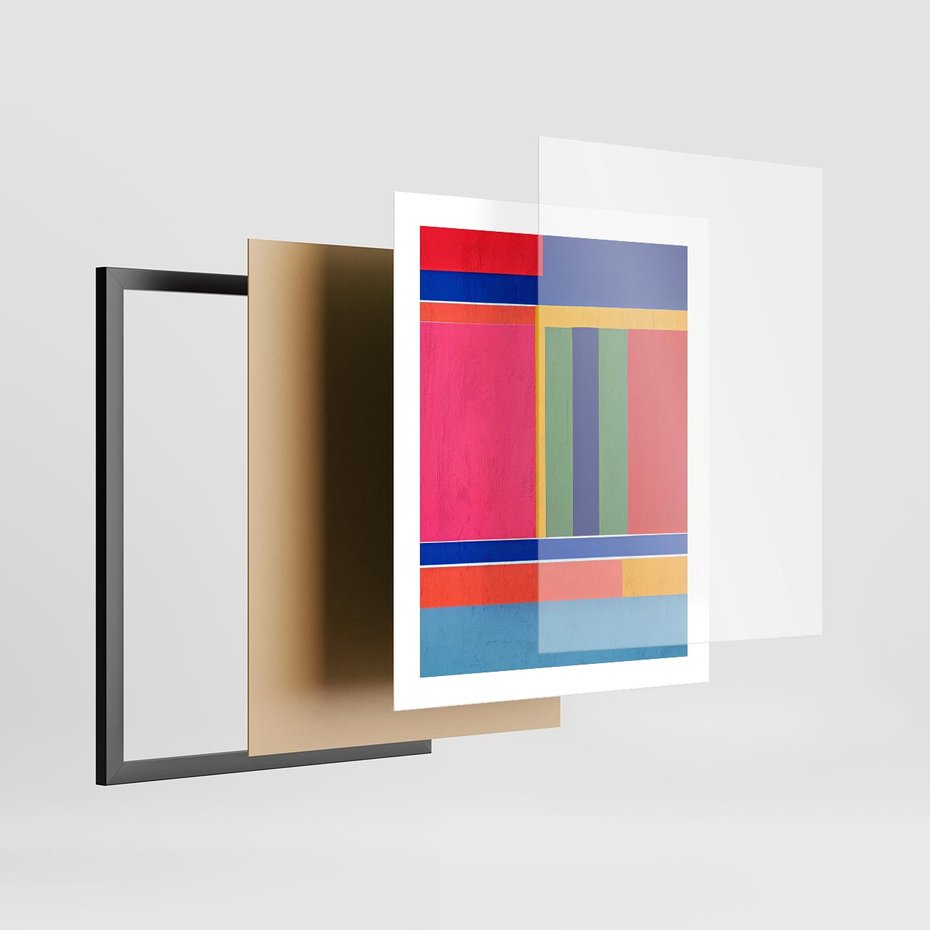 Plakat w ramie 40x50 - Wnętrza Rozplątanych Barw - abstrakcyjny geometryczny obraz olejny, kolorowe pasy - rama czarna