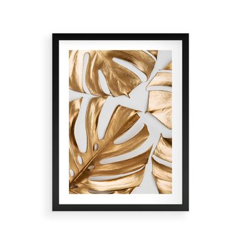 Plakat w ramie 40x50 - Złote Akcenty w Fotografii - złotel liście monstery, na białym tle - rama czarna