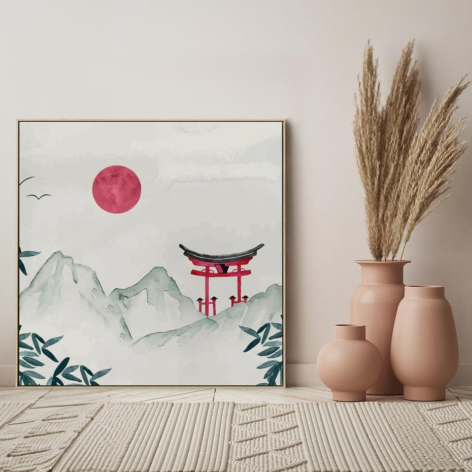 Obraz w ramie 80x80 - Słońce nad Górami - japoński krajobraz, góry - rama drewno