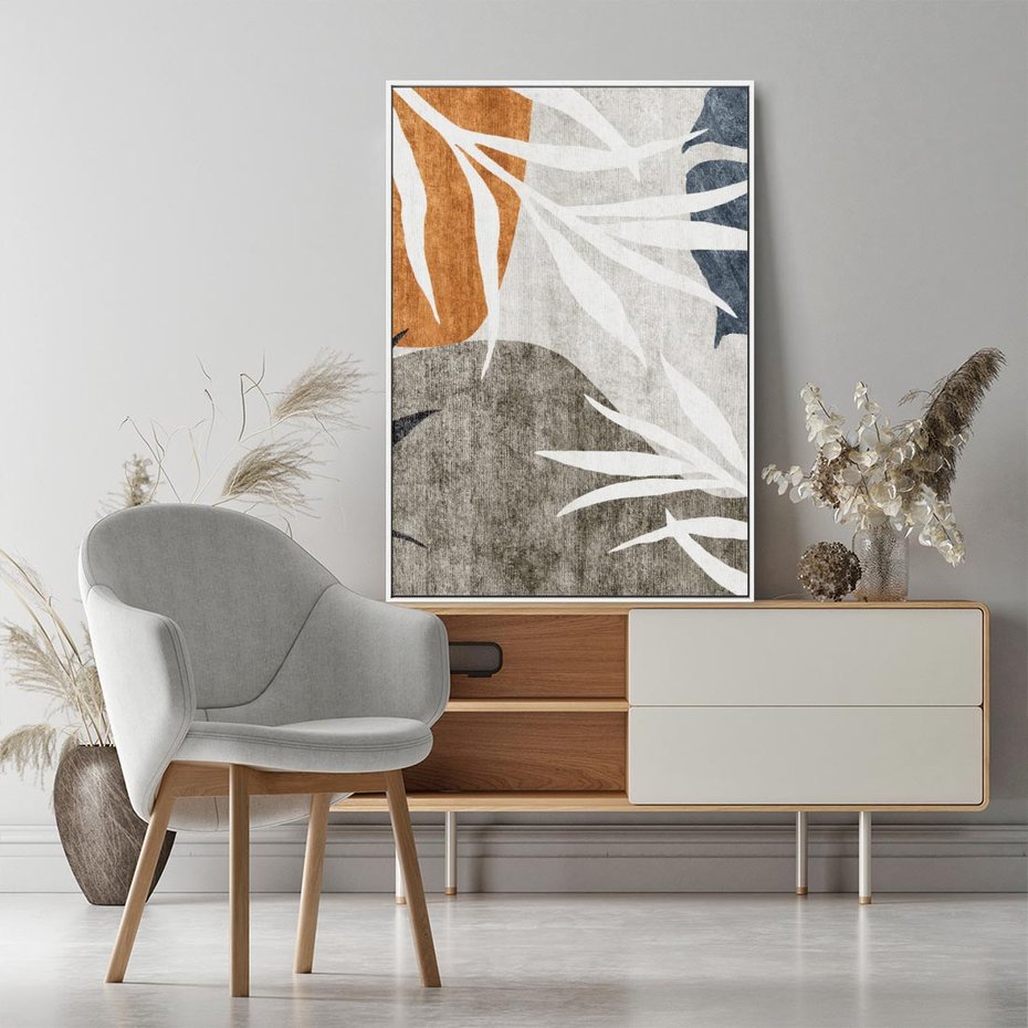 Obraz w ramie 50x70 - Oddechy ciszy i ruchu - rzut liści palmy, monstery - rama biała