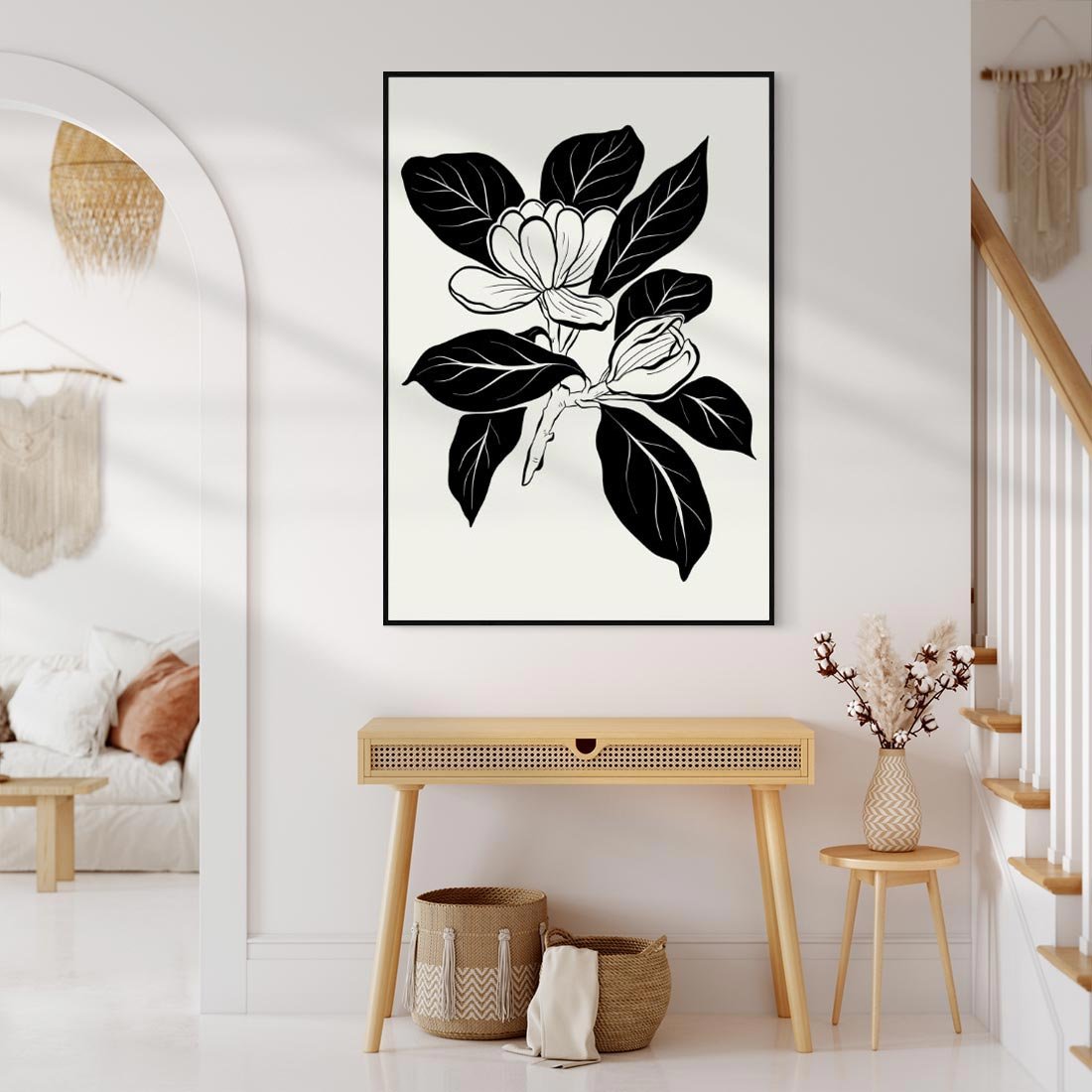 Obraz w ramie 50x70 - Spojrzenie w kształty kwiatów - kwiaty magnolii, minimalizm - rama czarna