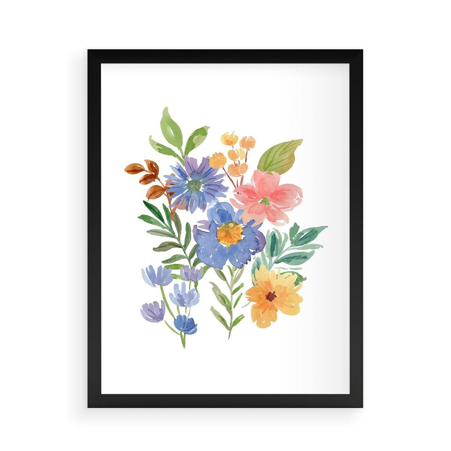 Plakat w ramie 50x70 - Kwiatowe Opowieści - akwarelowe polne kwiaty, minimalistyczna sztuka - rama czarna