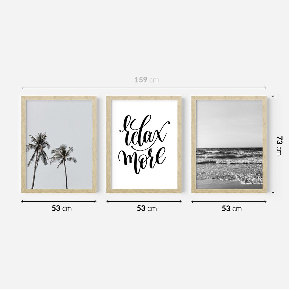Zestaw obrazy w ramie 50x70 galeria - Plaża, palmy, relaks, typografia - rama drewno