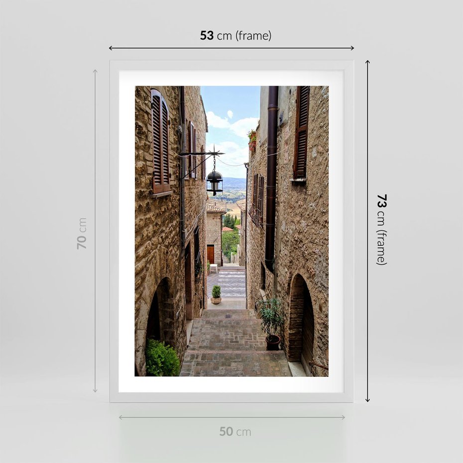 Plakat w ramie 50x70 - Perspektywa malowniczej uliczki - uliczka, perspektywa - rama biała