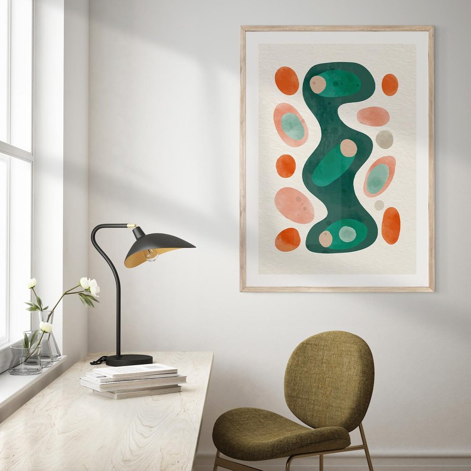 Plakat w ramie 30x40 - Wewnętrzne Spektrum - abstrakcyjne formy, dominujący kolor zielony - rama drewno