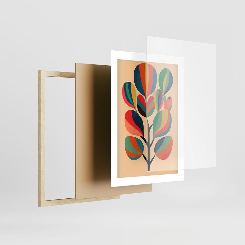 Plakat w ramie 30x40 - Harmonia Rozplątanych Form - abstrakcyjny kolorowy tęczowy obraz, inspiracje roślinne - rama drewno
