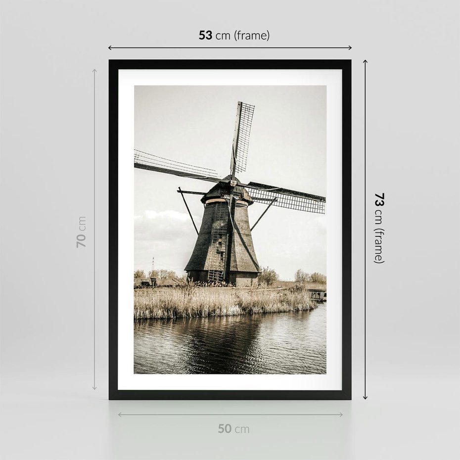 Plakat w ramie 50x70 - Holenderski Wiatrak w Sepii - holenderski wiatrak, młyn - rama czarna