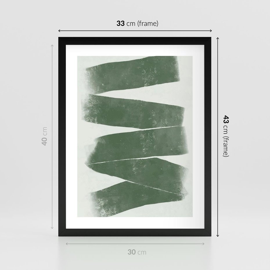 Plakat w ramie 30x40 - Zielone Refleksje - abstrakcja, zgaszony zielony kolor - rama czarna