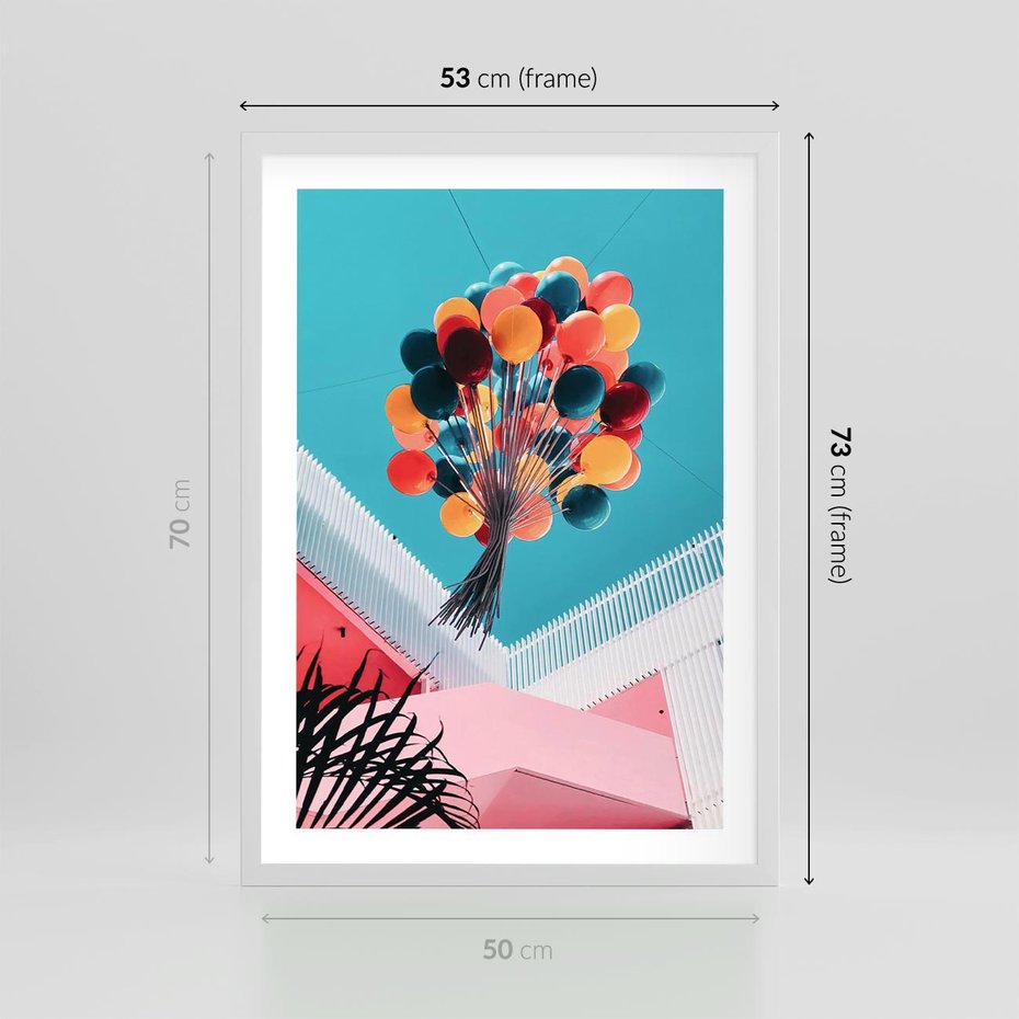 Plakat w ramie 50x70 - Kolorowe Balony Pod Niebem - kolorowe balony na tle niebieskiego nieba - rama biała