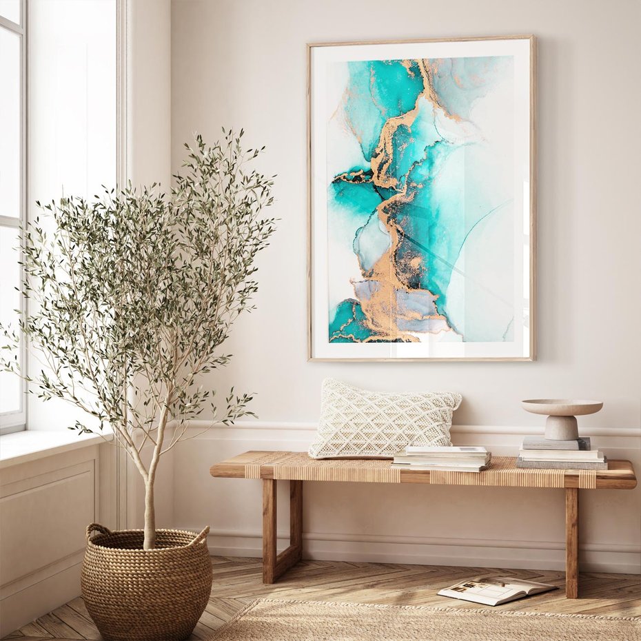 Plakat w ramie 40x50 - Elegancja i Subtelność - marmur, złoto - rama drewno