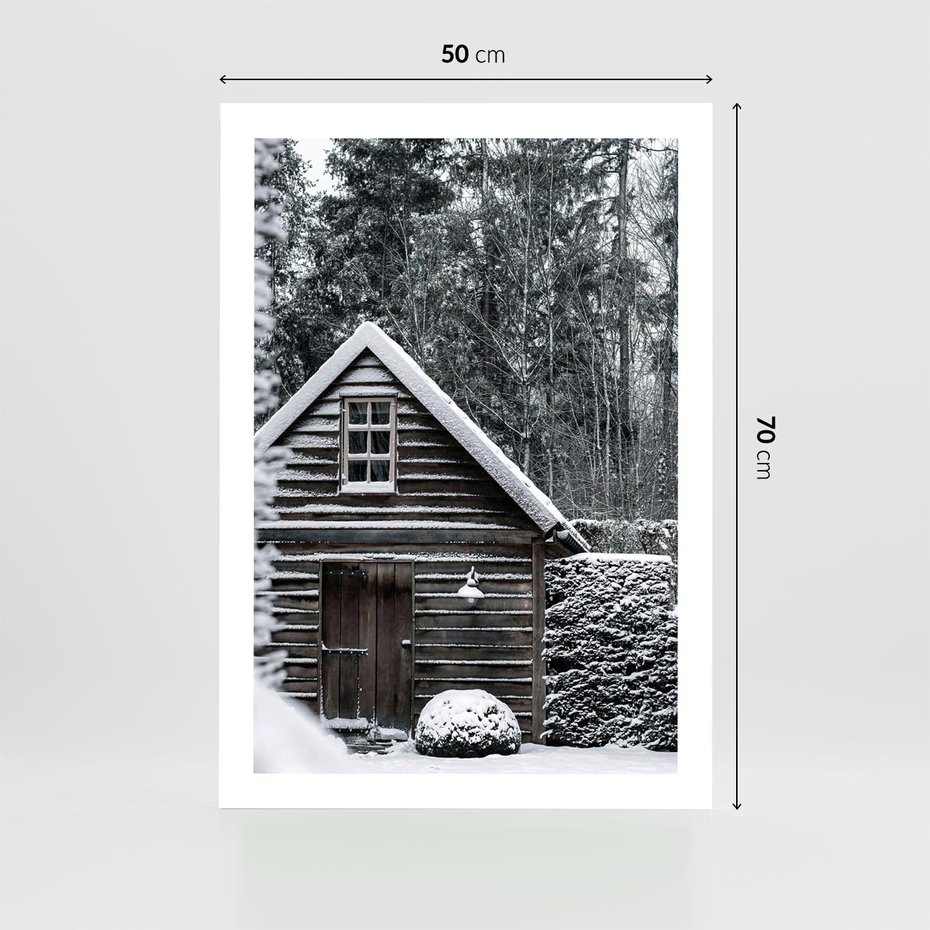 Plakat bez ramy 50x70 - Zaklęta Zima - domek w lesie, śnieg