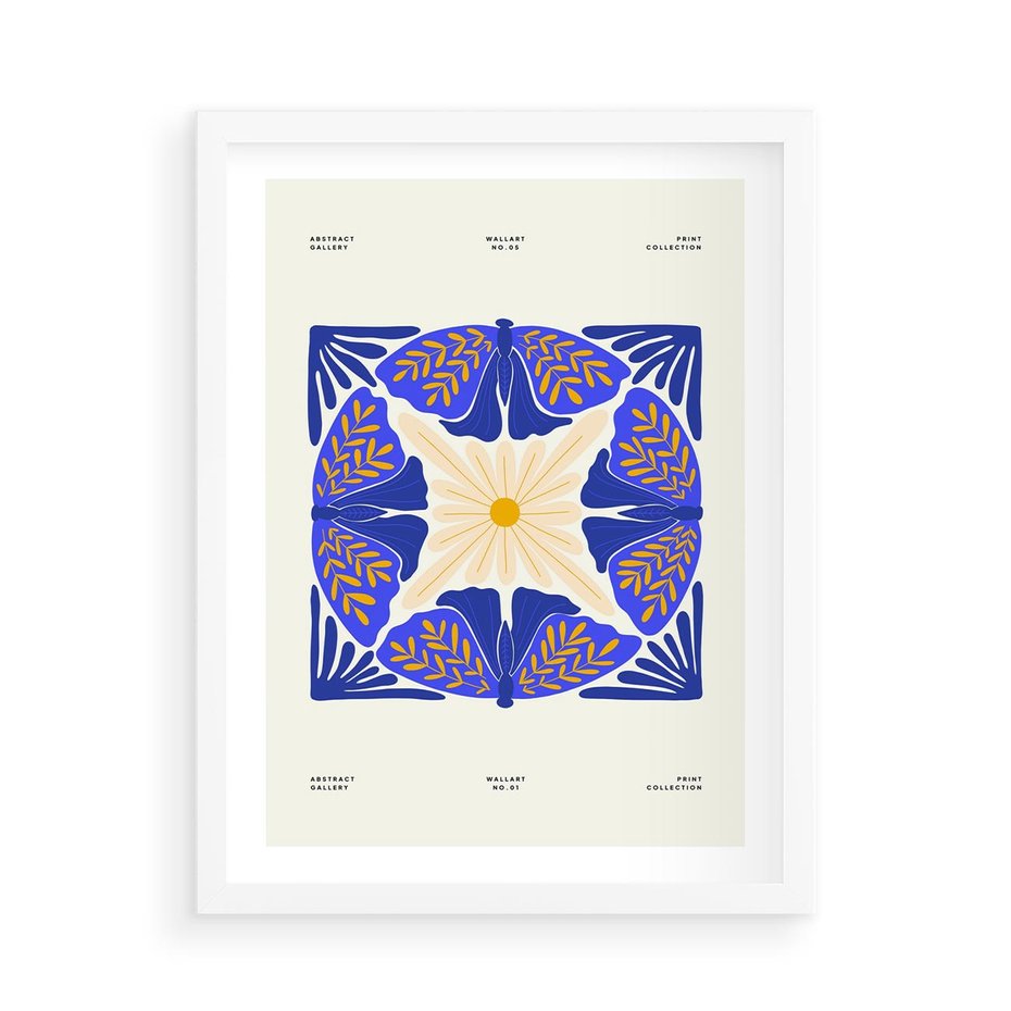 Plakat w ramie 50x70 - Księga Abstrakcji - abstrakcyjna boho kompozycja, granatowe ćmy - rama biała