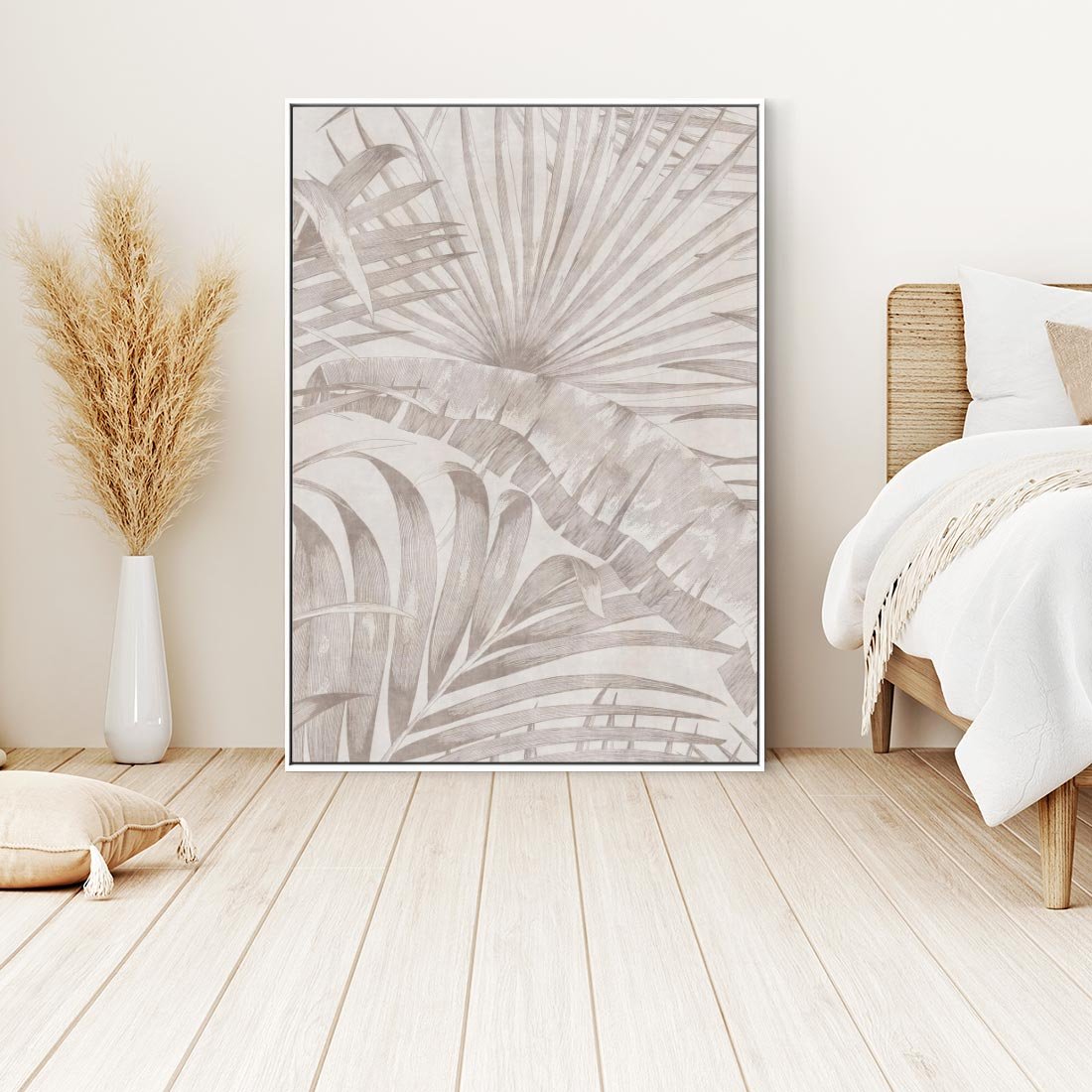 Obraz w ramie 80x120 - Odsłonięte liściowe wspomnienia - monochromatyczne, kolory sepii - rama biała
