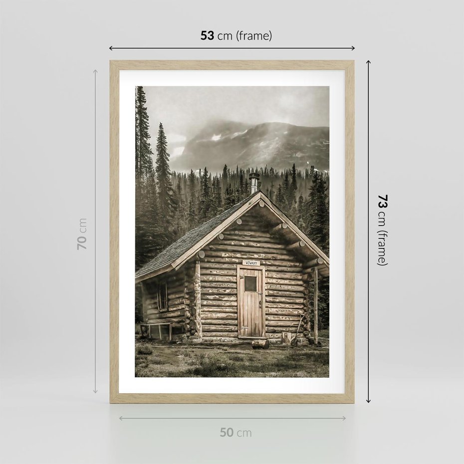 Plakat w ramie 50x70 - Urok Drewnianej Chatki w Górach - chatka w górach, drewniany domek - rama drewno