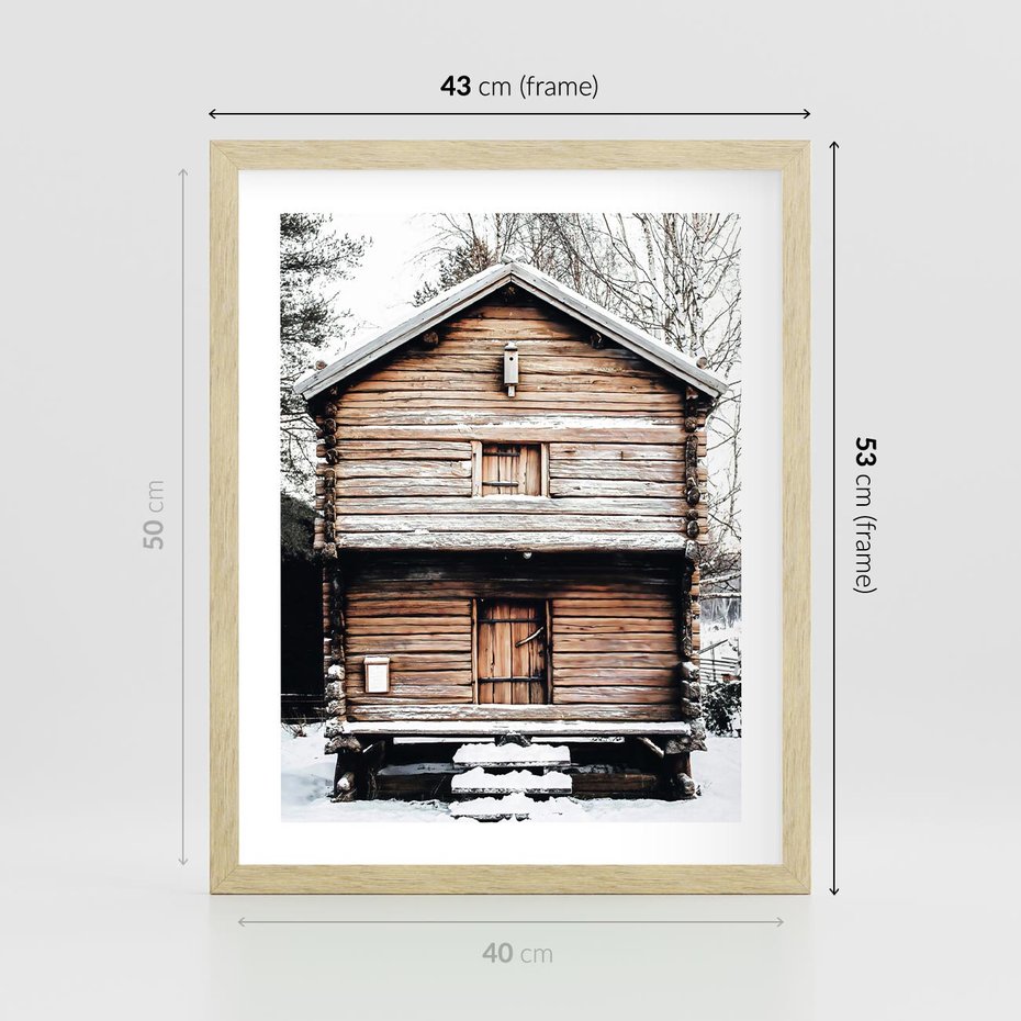 Plakat w ramie 40x50 - Śnieżny Ustronny Raj - domek w górach, śnieg - rama drewno