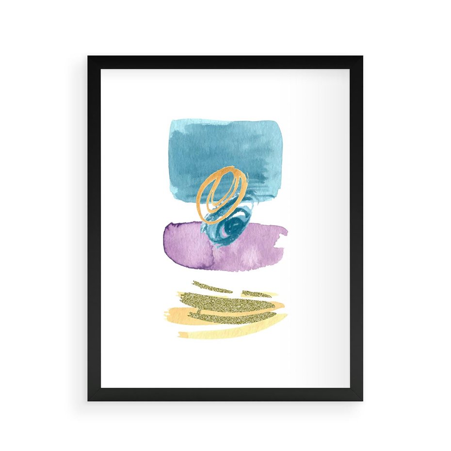Plakat w ramie 40x50 - Taniec Akwarelowych Kresek - akwarelowe plamy w odcieniach błękitu, złote kreski - rama czarna