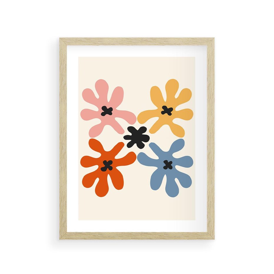 Plakat w ramie 30x40 - Taniec Akwareli - abstrakcyjne wielokolorowe kwiaty, minimalizm - rama drewno