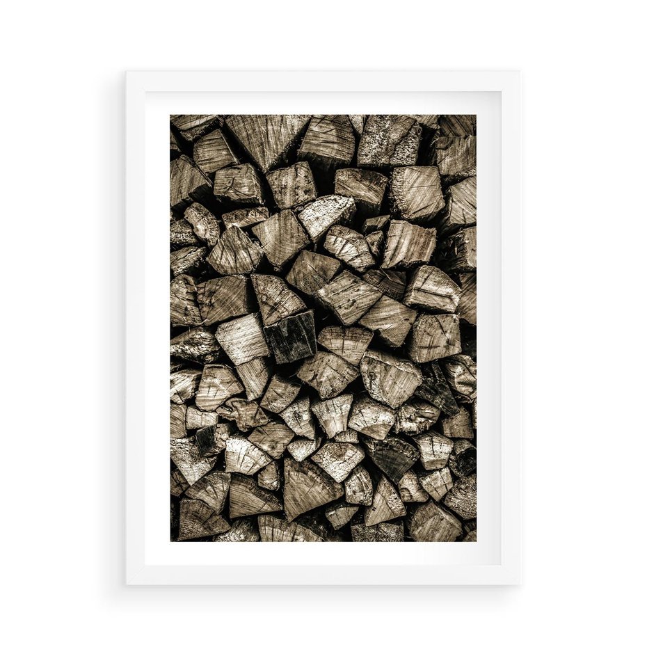 Plakat w ramie 50x70 - Piękno Drewna - belki drewna, drewno - rama biała