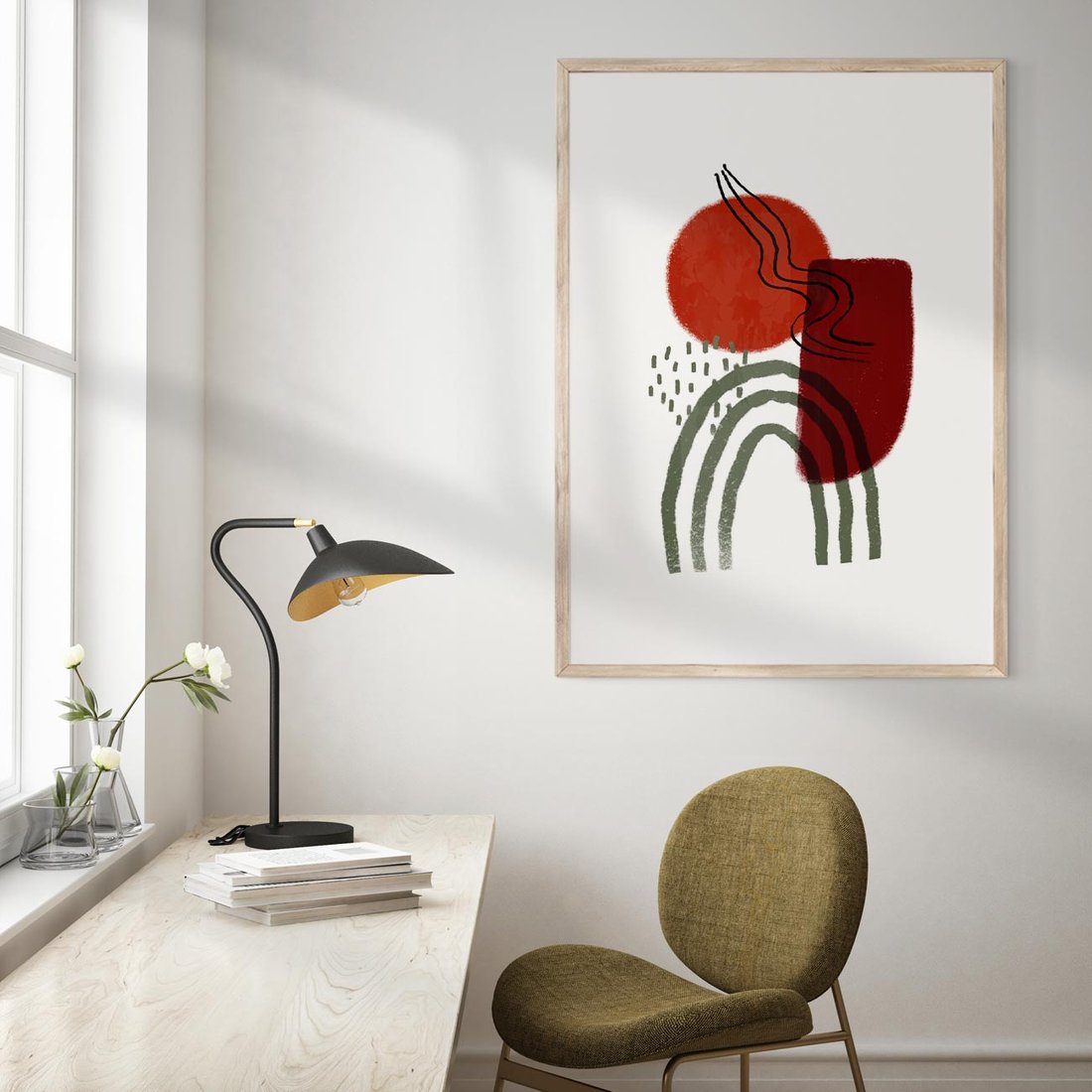 Plakat w ramie 50x70 - Abstrakcyjne Pulsacje - abstrakcyjna sztuka, boho kształty - rama drewno
