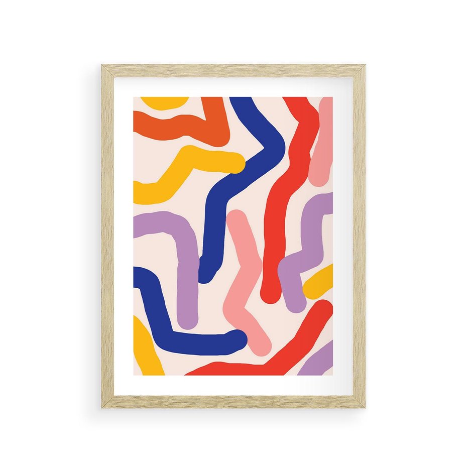 Plakat w ramie 30x40 - Abstrakcyjne Dialogi - abstrakcyjny kolorowy obraz, kolorowe linie - rama drewno