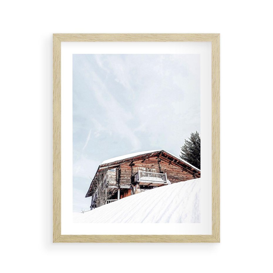 Plakat w ramie 40x50 - Spokój Górskiej Zimy - chatka w górach, domek górski - rama drewno