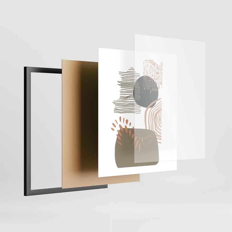 Plakat w ramie 40x50 - Taniec Plam - abstrakcyjna kompozycja z kropek kresek i kółek, odcienie brązu i beżu - rama czarna