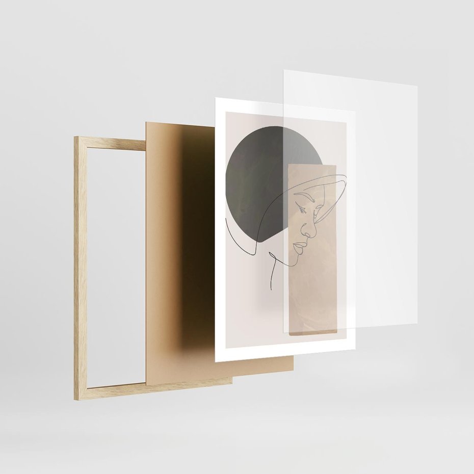 Plakat w ramie 50x70 - Jedną Linią: Kobieca Twarz - abstrakcja, plamy w tle - rama drewno